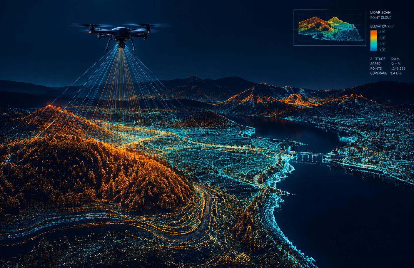 Dron wykonujący skaning LiDAR terenu